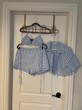 SHEIN Light Blue and White Gingham Bralette shorts jacket 3 pice set